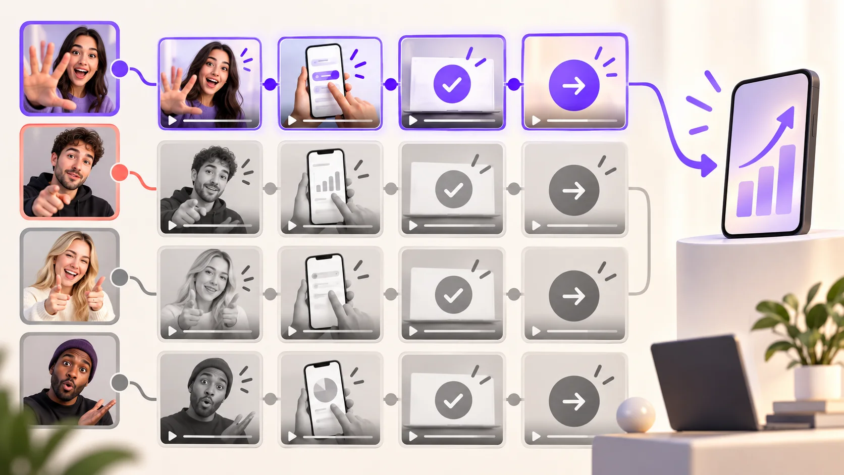 A Tech UGC testing matrix comparing hooks, app demonstrations, proof moments, and calls to action