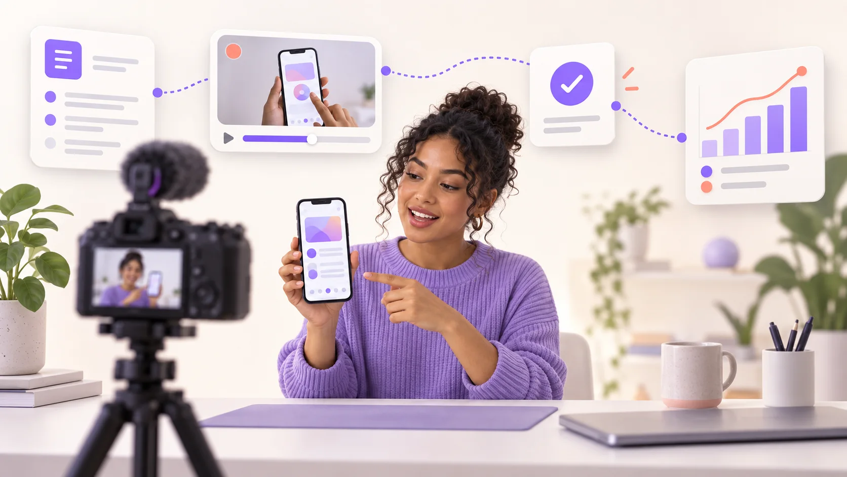 A Tech UGC creator filming a demonstration of a mobile app