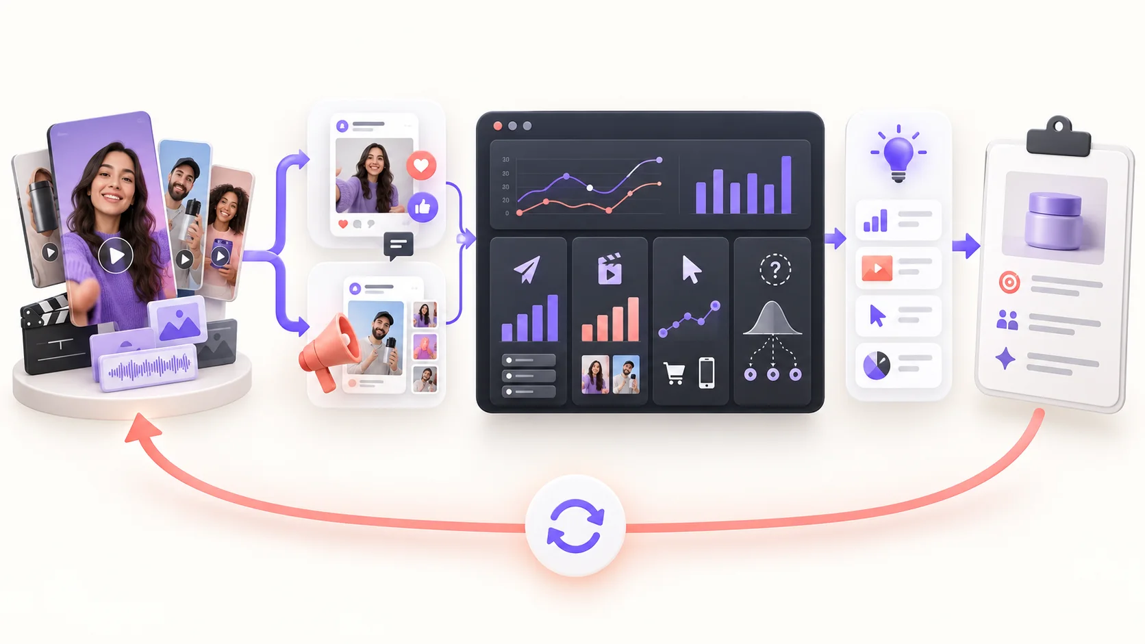 A measurement loop connecting Tech UGC videos, distribution, analytics, insights, and the next brief
